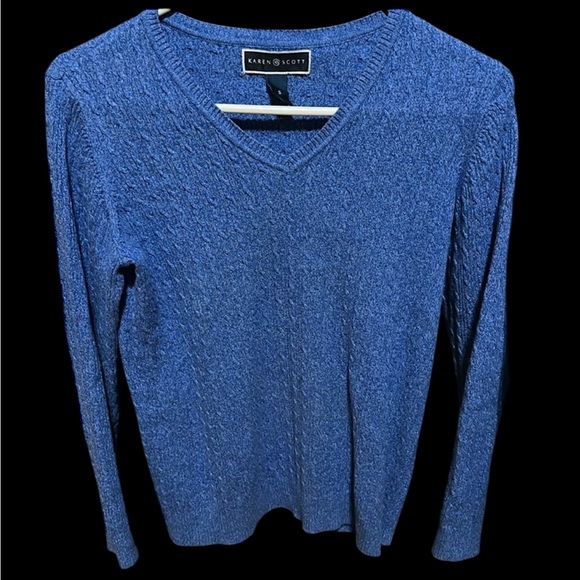 Karen Scott Textured 100% Cotton Blue Cable Knit V-Neck Sweater - Picture 6 of 8